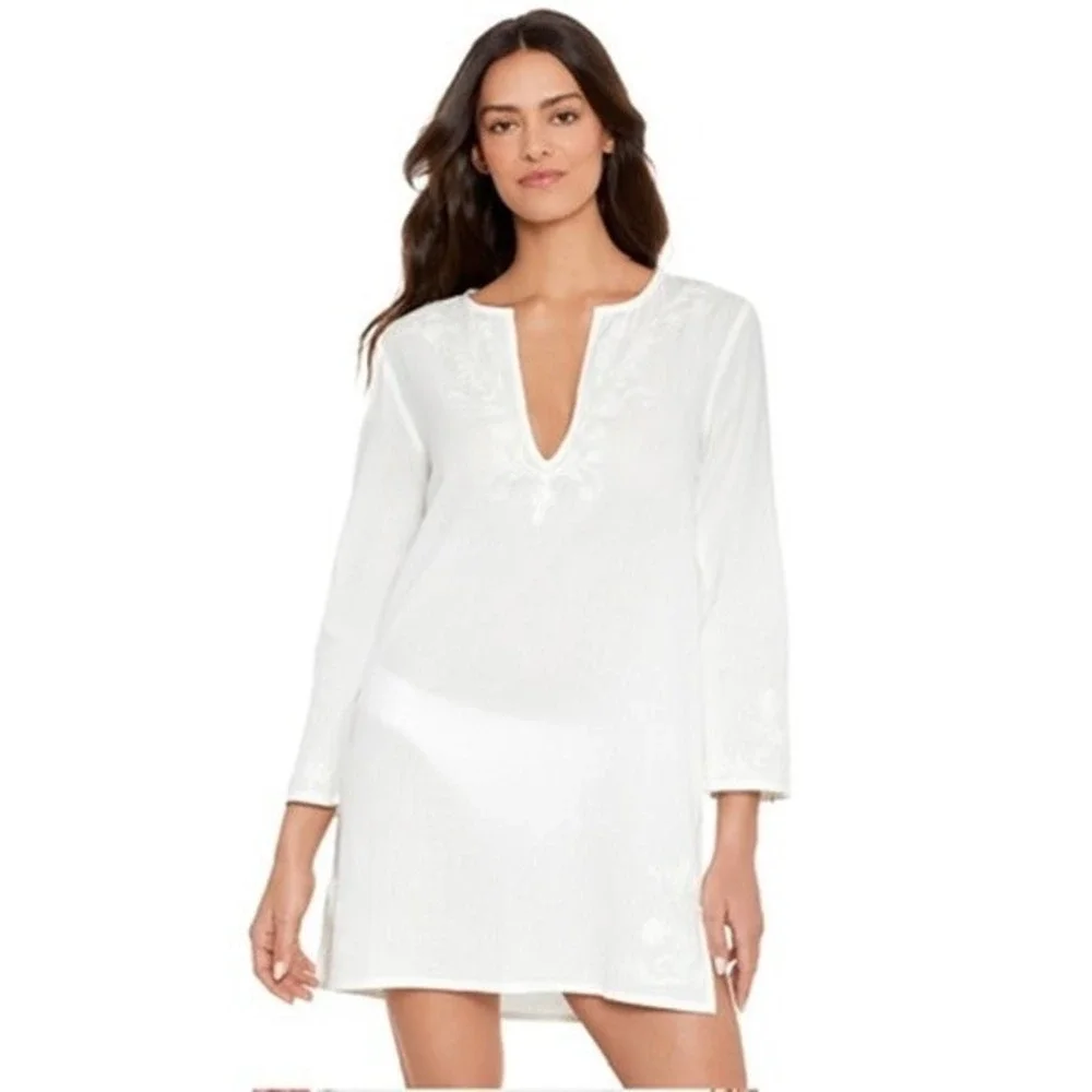 Lauren Ralph Lauren Womens White Embroidered Cotton Gauze Tunic Top L $125